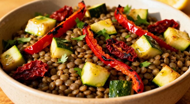 Lentil salad with roasted red pepper, zucchini and dry tomatoes, lemon. healthy food, vegetarian and vegan style