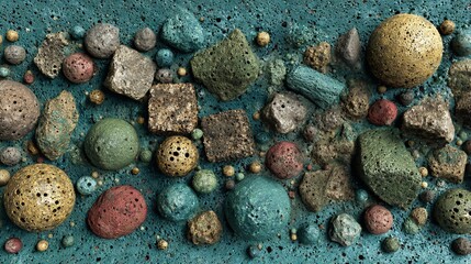 A vibrant, textured image featuring diverse, colorful, spherical and geometric shapes over a teal surface