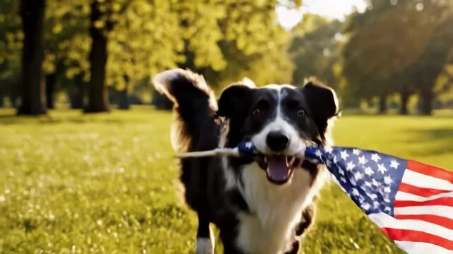 Happy border collie dog running in park with american flag in mouth