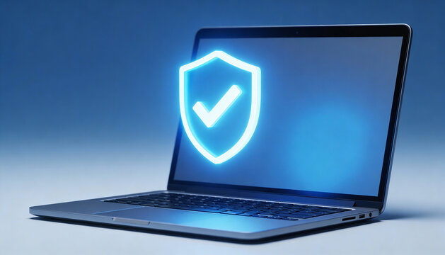 Cybersecurity concept, digital shield icon glowing over laptop, blue tones, professional corporate style, modern minimalistic technology background.