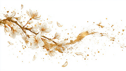 白背景に金の筆跡と桜が舞う、華やかで高級感あふれる和モダン背景