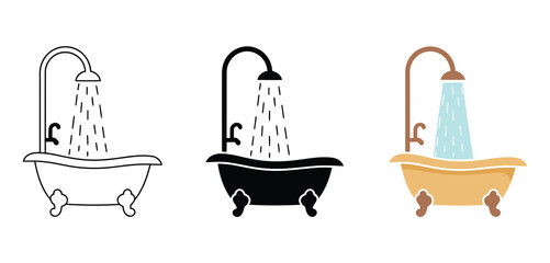 Bath and shower icon set, featuring a bathtub with a showerhead, flowing water, and bubbles, representing relaxation, hygiene, personal care, minimalistic design, and modern bathroom vector 