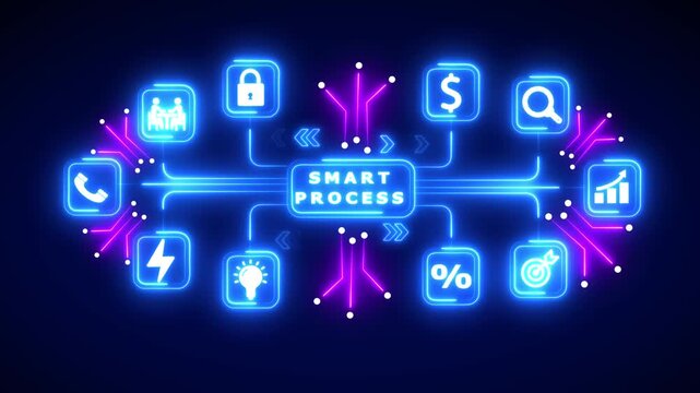 Neon Smart Process Concept with Business and Technology Icons Connected by Glowing Lines network connection