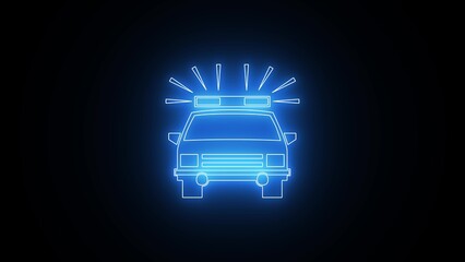 Vibrant blue neon glow outline of a police car with active siren lights against a dark background © anasstock2025