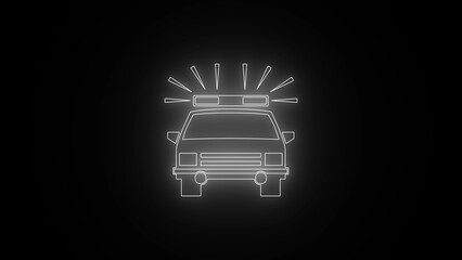 White neon outline of a police car with active siren lights on a dark background