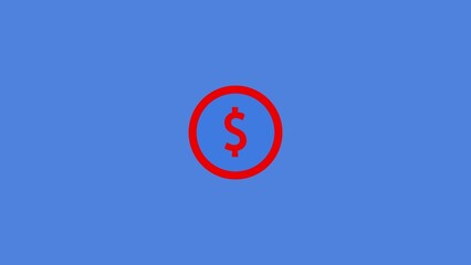 A simple red dollar sign icon encircled on a solid blue background representing currency