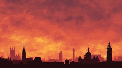 Naklejka premium Cityscape silhouette against dramatic red sky illustration architectural background
