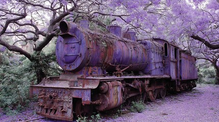 Weathered vintage locomotive, decaying in serene grove of blooming lavender-hued trees