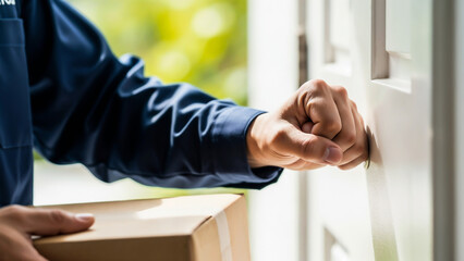 Close-up of courier knocking on white door – Symbol of human interaction in logistics