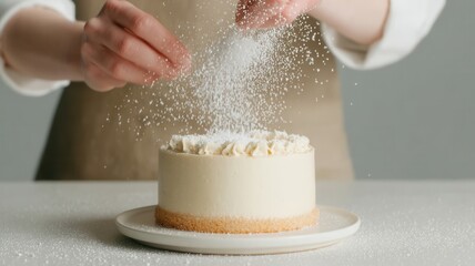 Hands decorating a delicate white cake with sugar sprinkles, creating a celebratory and sweet dessert a blue on surface