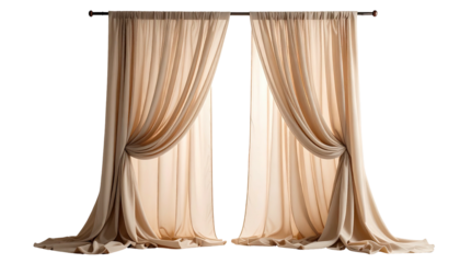 Beige fabric curtains draped, tied back with a glimpse of bright light