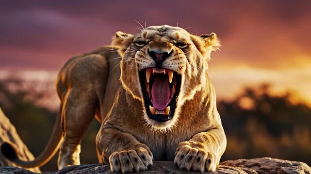 A roaring lioness with exposed teeth, open mouth, sitting on a rocky surface, sunset backdrop