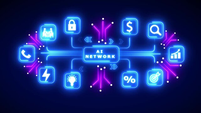 AI Network Concept with Glowing Neon Icons and Network Connections Keywords: AI network, artificial intelligence, technology, network, connections, icons, neon, glowing, digital, abstract