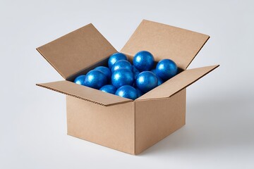 Brown cardboard box filled with many blue shiny balls. Shipping or delivery concept for holiday ornament or candy products.