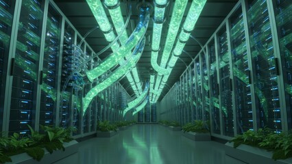 Futuristic Data Center with Bioluminescent Cooling Pipes - Sustainable Green Technology in Photorealistic 8K Quality