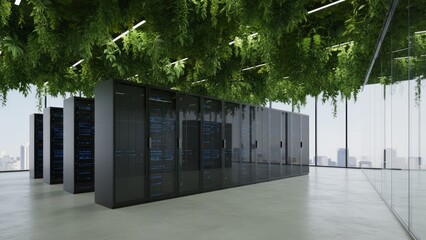 Futuristic Sustainable Green Data Center with Sleek Black Servers and Hanging Plants on Polished Concrete Floor - Photorealistic 8K Rendering
