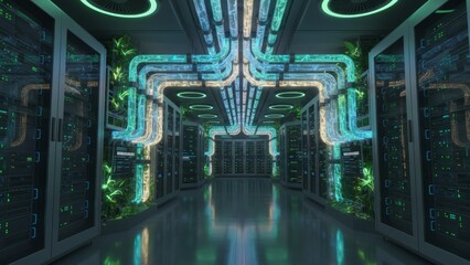Technological Elegance: Futuristic Server Tunnel with Bioluminescent Cooling Pipes in Sustainable Green Data Center Concept