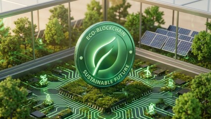Eco-Friendly Cryptocurrency Token on Circuit Board - Sustainable Green Data Center Concept in Photorealistic 3D Render