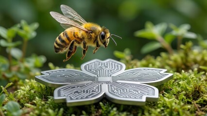 Futuristic Harmony: Bee Landing on Flower-Shaped Microchip in Sustainable Green Data Center.