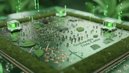 Ethereal Macro Photography of Printed Circuit Board with Dew-like Solder Points on Metallic Surface in Photorealistic 8K Quality - Sustainable Green Data Center Concept