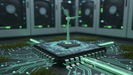 Futuristic Technology Concept - Miniature Wind Turbine Spinning on Microchip in Green Data Center, Photorealistic 8k Image