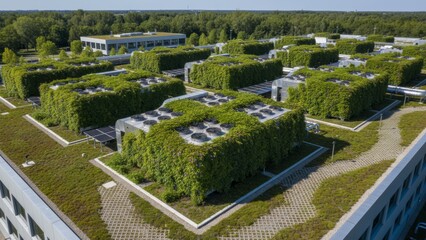 Sustainable Green Data Center Concept - Aerial Drone Shot of Industrial Greening on Data Center Roof with Creeper Plants, Photorealistic 8k Image