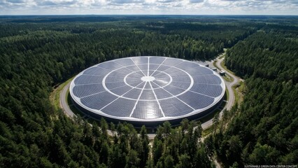 Sustainable Green Data Center in Evergreen Forest: High Dynamic Range Bird's-eye View of Solar Panel-Covered Facility - Photorealistic 8K Image