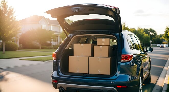 Boxes Loaded in Car Trunk For Transport on Suburban Street During Sunny Day