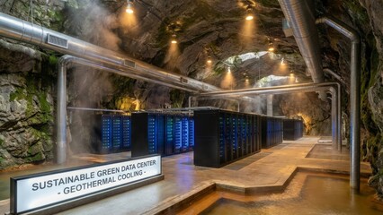 Futuristic Sustainable Green Data Center Concept Inside Renovated Cavern Utilizing Geothermal Cooling