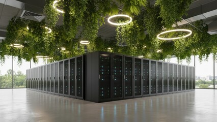 Futuristic Sustainable Green Data Center Concept with Black Servers, Polished Concrete Floor, and Hanging Plant Ceiling in 8K Photorealistic Style