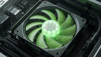 Eco-Friendly Computer Cooling Fan with Green Leaf Blades in Data Center Concept