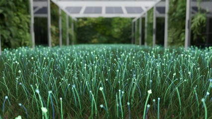 Futuristic Fiber Optic Cable Bundle Resembling Grass Blades in Sustainable Green Data Center - Macro Shot with Photorealistic Detail
