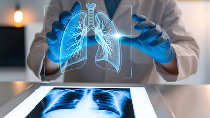 Doctor examining lung scan with digital overlay in modern medical setting