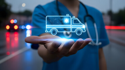 Medical professional with glowing ambulance icon on hand