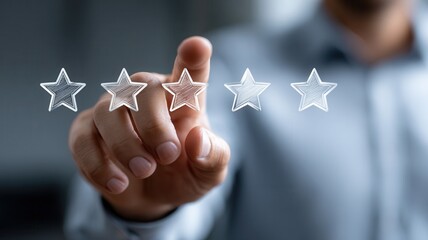 Person evaluating customer experience online, giving a four star rating for satisfaction service quality