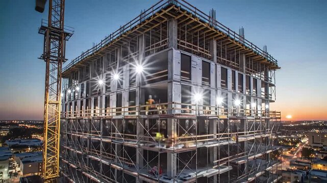 Timelapse of highrise building construction at sunset