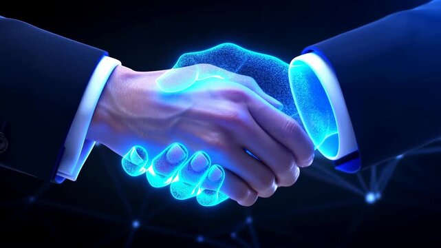 A digital partnership is symbolized by a human hand reaching towards a virtual hand against a backdrop of an illuminated global network. this visual represents technology bridging human interaction an