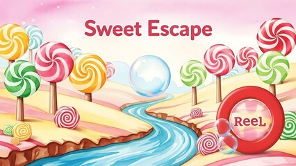Colorful candy landscape with lollipops stream.