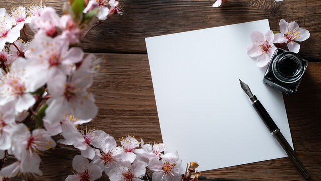 桜と便箋　インク　つけペン