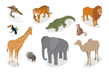 Obraz premium Wild tropical animals set. African giraffe, elephant, camel, snake, toucan, porcupine, tiger, lion, crocodile and monkey. Wildlife nature isolated characters zoo inhabitants. Flat isometric vector.