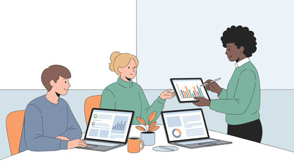 Team Collaboration Meeting Illustration with Diverse Coworkers Working on Laptops and Discussing Project Strategy in Modern Flat Style