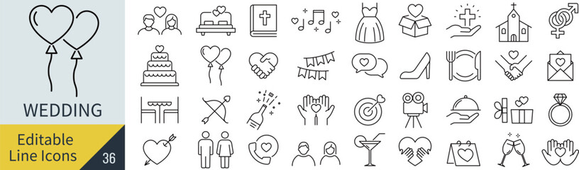 線の編集ができるウエディングに関するアイコンセット（アウトライン化していない）
