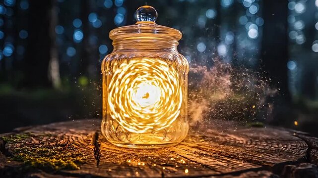 Capturing magical glowing fairy lights inside a glass jar resting on a dark forest tree stump