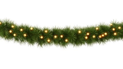 A festive garland of evergreen branches adorned with warm glowing lights against a dark backdrop