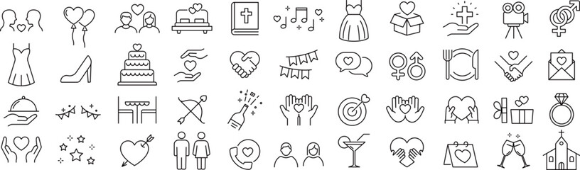 ベクターでモノクロのウエディングに関する線画アイコンセット
