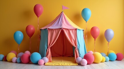 Vibrant fabric play tent with colorful balloons and soft balls on a wooden floor against a yellow background, symbolizing fun and play. Concept of playhouse in child room
