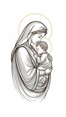 Tender Mother and Child Line Art Illustration with Halo Symbolizing Love Care and Spiritual Connection in Minimal Religious Style