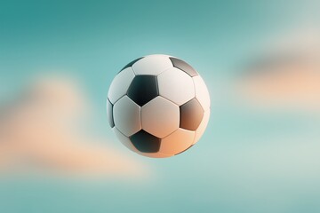 Fototapeta premium Classic black and white soccer ball floating in a vibrant blue sky with soft, blurred clouds. Perfect for sport, game, and athletic themes