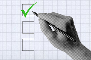 Halftone collage of hand with pencil voting. Hand in dotted marking vote box with checkmark.