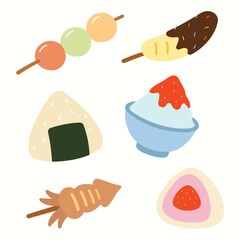 Japan traditional treats doodle vector collection set. Japanese snacks like onigiri, dango, shaved ice, mochi in cartoon style for poster, restaurant, design